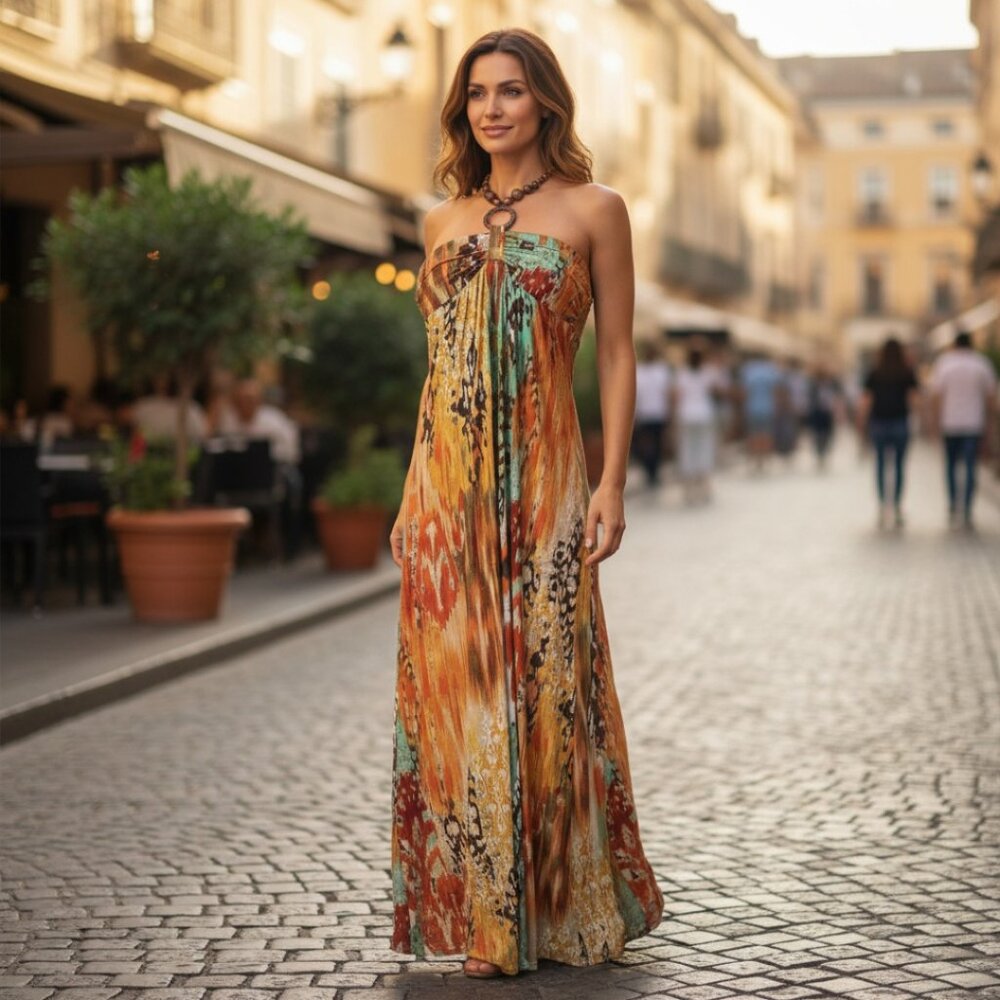 DESIGNER LE CHATEAU ORANGE MULTI COLOR HALTER NECKLACE DETAIL LONG DRESS MED